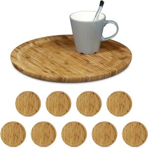 Set of 10 Relaxdays Bamboo Serving Trays, Round, Diameter 33 cm, Bamboo Plate for Serving, Wooden Platter, Natural Brown