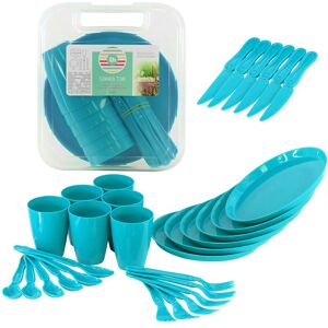 Geezy - 31 Piece Camping Picnic Plastic Utensils bbq Set with Knives Forks Spoons Cups & Plates (Blue) - blue