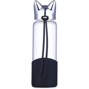 Denuotop - Cute Fox Glass Water Bottle with Silcone Sleeve,Leak-Proof Travel Juice Mug for Girls Kids Boys 350ml Diamond black