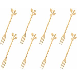 Denuotop - 8 golden cake forks, small stainless steel fruit forks, table forks, dessert fork set, ideal for wedding party. (Fork)