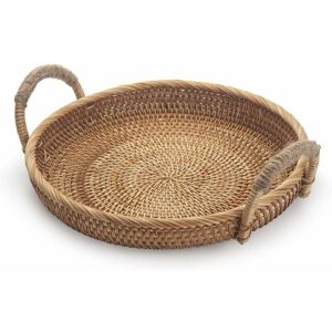 HOOPZI Rattan Round Fruit Baskets for Table Wicker Bread Tray with Handle for Serving Food, Crackers, Snacks (11inch d x 1.8inch h)