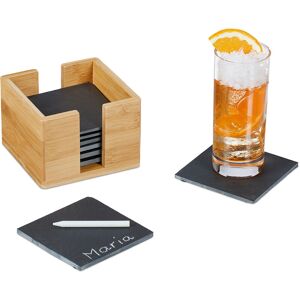 Relaxdays - Slate Coaster, Set of 8, with Bamboo Box, Drink Holder, 10 x 10 cm, Household Decor, for Glasses, Anthracite