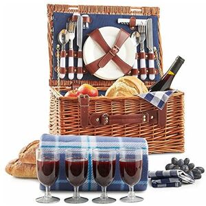 Vonshef - 4 Person Picnic Baskets - Luxury Wicker Picnic Basket Sets - Stainless Steel Cutlery, Plates, Salt & Pepper Shakers, Wine Glasses, Bottle