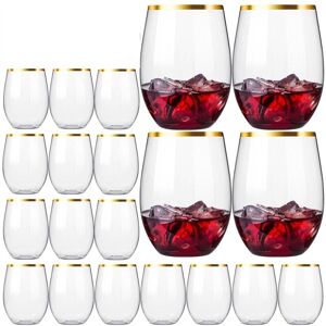 TLILY Disposable Stemless Wine Glasses, Plastic Cups, Whiskey Cocktail Clear Drinking Glasses for