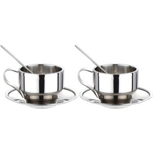 TLILY Insulated Coffee Cup Set - Stainless Steel Double Walled Espresso Cups Latte Cappuccino Tea with Saucer and Spoon 125Ml (Set of 2)