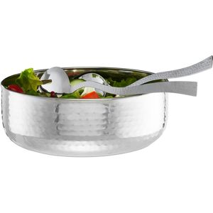 Relaxdays Salad Bowl Set with Servers 30cm, 3-Piece, Stainless Steel, Dishwasher-safe, Elegant, Round ∅ 28 cm, Silver