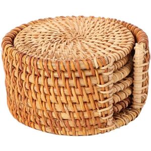 ODIPIE 6-Piece Round Wooden Coasters, Rattan Coasters, Drink Coasters, Coffee Table Coasters, with Rattan Stand, for Restaurants and Home ODIPIE 6-Piece Round Wooden Coasters, Rattan Coasters, Drink Coasters, Coffee Table Coasters, with Rattan Stand, for Restaurants and Home