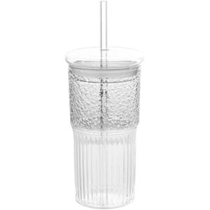 TLILY 600ml Glass Mug, Milk Coffee Cup with Lid and Straw, Transparent Stripes, Drinking Glasses, Tea Juice TLILY 600ml Glass Mug, Milk Coffee Cup with Lid and Straw, Transparent Stripes, Drinking Glasses, Tea Juice