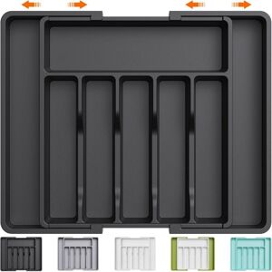 BASETBL Cutlery Tray, Extendable Utensil Tray for Drawers, Adjustable Drawer Organizer for Kitchen, Compact Plastic Storage for Spoons and Forks, Black BASETBL Cutlery Tray, Extendable Utensil Tray for Drawers, Adjustable Drawer Organizer for Kitchen, Compact Plastic Storage for Spoons and Forks, Black