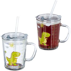 Relaxdays - Kids' Cups, Set of 4, Dinosaur Design, Drinking Glass for Kids, with Handle, Lid & Straw, 400ml, Transparent Relaxdays - Kids' Cups, Set of 4, Dinosaur Design, Drinking Glass for Kids, with Handle, Lid & Straw, 400ml, Transparent