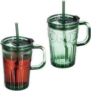 Set of 2 Glass Cups, Drinking Glasses with Lid & Straw & Handle, Vol. 450 ml, Green - Relaxdays Set of 2 Glass Cups, Drinking Glasses with Lid & Straw & Handle, Vol. 450 ml, Green - Relaxdays