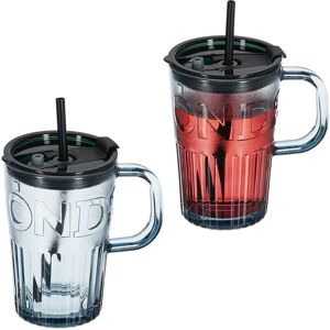 Set of 2 Glass Cups, Drinking Glasses with Lid & Straw & Handle, Vol. 450 ml, Grey - Relaxdays Set of 2 Glass Cups, Drinking Glasses with Lid & Straw & Handle, Vol. 450 ml, Grey - Relaxdays
