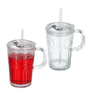Set of 2 Glass Cups, Drinking Glasses with Lid & Straw & Handle, Vol. 450 ml, Transparent - Relaxdays Set of 2 Glass Cups, Drinking Glasses with Lid & Straw & Handle, Vol. 450 ml, Transparent - Relaxdays