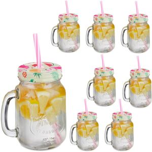 Set of 8 Drinking Glasses, Lids & Straws, Fruit and Flamingo Motif, 500ml, Summer, Jars with Handle, Colourful - Relaxdays Set of 8 Drinking Glasses, Lids & Straws, Fruit and Flamingo Motif, 500ml, Summer, Jars with Handle, Colourful - Relaxdays