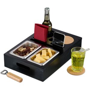 Relaxdays Sofa Snack Tray, Couch Drink & Wine Holder, Bamboo, Stainless Steel Bowls, Handles, Cup Coasters, Caddy, Black Relaxdays Sofa Snack Tray, Couch Drink & Wine Holder, Bamboo, Stainless Steel Bowls, Handles, Cup Coasters, Caddy, Black