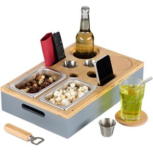 Relaxdays Sofa Snack Tray, Couch Drink & Wine Holder, Bamboo, Stainless Steel Dip Bowls, Handles, Coasters, Caddy, Grey Relaxdays Sofa Snack Tray, Couch Drink & Wine Holder, Bamboo, Stainless Steel Dip Bowls, Handles, Coasters, Caddy, Grey
