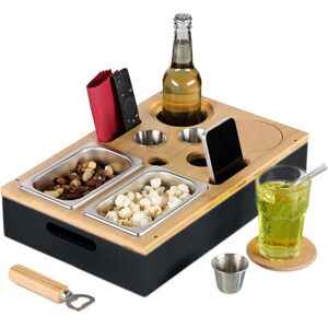 Relaxdays Sofa Snack Tray, Couch Drink & Wine Holder, Bamboo, Stainless Steel Dip Bowls, Handles, Coasters, Caddy, Black Relaxdays Sofa Snack Tray, Couch Drink & Wine Holder, Bamboo, Stainless Steel Dip Bowls, Handles, Coasters, Caddy, Black