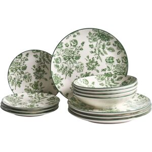 BELIANI Set of 12 Dinnerware Green Decorative Floral Pattern Porcelain Transparent Glaze Finish Kitchen Dining Room BASIL BELIANI Set of 12 Dinnerware Green Decorative Floral Pattern Porcelain Transparent Glaze Finish Kitchen Dining Room BASIL
