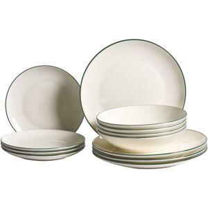 BELIANI Set of 12 Dinnerware Off-White and Green Decorative Edges Porcelain Transparent Glaze Finish Kitchen Dining Room CUMIN BELIANI Set of 12 Dinnerware Off-White and Green Decorative Edges Porcelain Transparent Glaze Finish Kitchen Dining Room CUMIN
