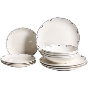 BELIANI Set of 12 Dinnerware White and Blue Decorative Edges Porcelain Transparent Glaze Finish Kitchen Dining Room CHAROLI BELIANI Set of 12 Dinnerware White and Blue Decorative Edges Porcelain Transparent Glaze Finish Kitchen Dining Room CHAROLI
