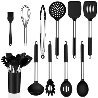 TEHTUY 15-piece silicone kitchen utensil set with stainless steel handles, non-stick, heat-resistant and dishwasher-safe, black TEHTUY 15-piece silicone kitchen utensil set with stainless steel handles, non-stick, heat-resistant and dishwasher-safe, black