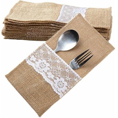 Hoopzi - 20pcs Burlap Bag Lace Covered Pouch Cutlery Holder Fork Jute Vintage Christmas Party Wedding Table Decoration (Dimension: 11 x 21cm) Hoopzi - 20pcs Burlap Bag Lace Covered Pouch Cutlery Holder Fork Jute Vintage Christmas Party Wedding Table Decoration (Dimension: 11 x 21cm)