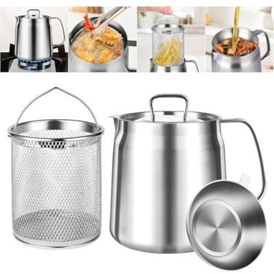 ODIPIE 2L stainless steel oil filter pot, bacon fat container with sieve and fryer basket, 2-in-1 oil sieve, sieve, oil separator, storage, kitchen helper. ODIPIE 2L stainless steel oil filter pot, bacon fat container with sieve and fryer basket, 2-in-1 oil sieve, sieve, oil separator, storage, kitchen helper.