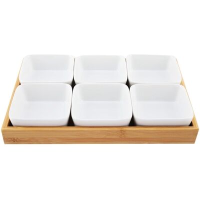 Groofoo - Ceramic Appetizer Serving Plate with Bamboo Tray for Fruits Nuts Desserts 6 Compartments Groofoo - Ceramic Appetizer Serving Plate with Bamboo Tray for Fruits Nuts Desserts 6 Compartments