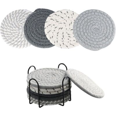 CSPARKV 8 Pack Drink Coasters with Holder, Absorbent Cotton Coasters, Round Braided Coasters, Bohemian Coasters, Coffee Table Coasters for Mugs (Grey) CSPARKV 8 Pack Drink Coasters with Holder, Absorbent Cotton Coasters, Round Braided Coasters, Bohemian Coasters, Coffee Table Coasters for Mugs (Grey)
