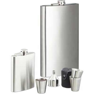RELAXDAYS 8-piece hip flask set, XXL hip flask with 1.8-litre capacity, 200 ml pocket flask with 4 cups and funnel, silver RELAXDAYS 8-piece hip flask set, XXL hip flask with 1.8-litre capacity, 200 ml pocket flask with 4 cups and funnel, silver