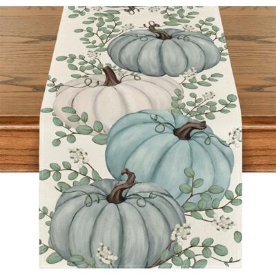 Fuleadture Autumn Table Runner, Three Blue Pumpkins, Eucalyptus, Seasonal Decoration for Kitchen Table and Parties, 40x140cm. Fuleadture Autumn Table Runner, Three Blue Pumpkins, Eucalyptus, Seasonal Decoration for Kitchen Table and Parties, 40x140cm.