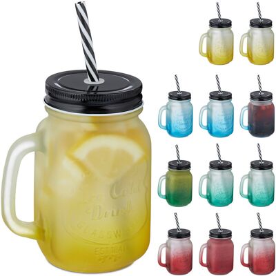Relaxdays Drinking Jars, with Lid & Straw, Set of 12, 400 ml, Frosted Look, Drinking Glass with Handle, Colourful/Black Relaxdays Drinking Jars, with Lid & Straw, Set of 12, 400 ml, Frosted Look, Drinking Glass with Handle, Colourful/Black