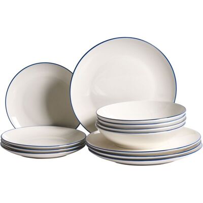 BELIANI Set of 12 Dinnerware Off-White and Blue Decorative Edges Porcelain Transparent Glaze Finish Kitchen Dining Room CUMIN BELIANI Set of 12 Dinnerware Off-White and Blue Decorative Edges Porcelain Transparent Glaze Finish Kitchen Dining Room CUMIN