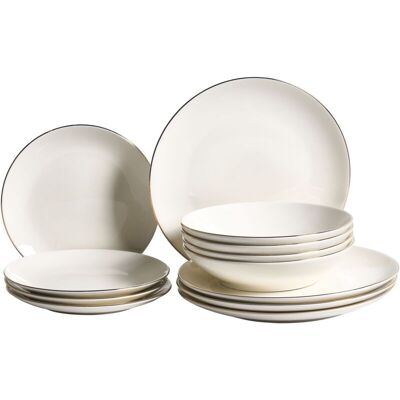 BELIANI Set of 12 Dinnerware Off-White and Gold Decorative Edges Porcelain Transparent Glaze Finish Kitchen Dining Room CUMIN BELIANI Set of 12 Dinnerware Off-White and Gold Decorative Edges Porcelain Transparent Glaze Finish Kitchen Dining Room CUMIN
