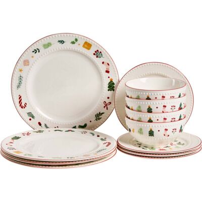 BELIANI Set of 12 Pieces White Porcelain Handmade Reactive Glaze Finish Service for 4 People Hammer Effect Christmas Kitchen Dining Room SAFFRON BELIANI Set of 12 Pieces White Porcelain Handmade Reactive Glaze Finish Service for 4 People Hammer Effect Christmas Kitchen Dining Room SAFFRON