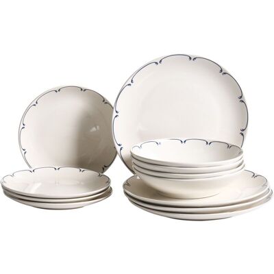 BELIANI Set of 12 Dinnerware White and Blue Decorative Edges Porcelain Transparent Glaze Finish Kitchen Dining Room CHAROLI BELIANI Set of 12 Dinnerware White and Blue Decorative Edges Porcelain Transparent Glaze Finish Kitchen Dining Room CHAROLI