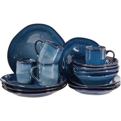 Beliani - Set of 16 Pieces Dinnerware Stoneware Kaolin Handmade Reactive Glaze Finish Blue Hawthorn Beliani - Set of 16 Pieces Dinnerware Stoneware Kaolin Handmade Reactive Glaze Finish Blue Hawthorn