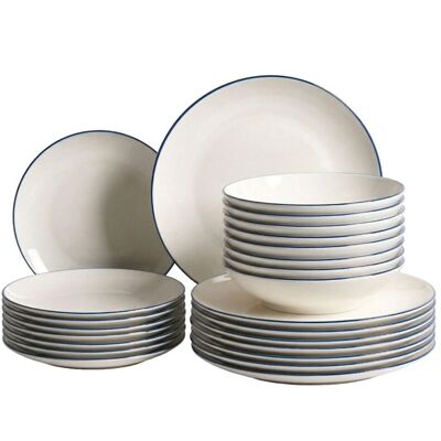 BELIANI Set of 24 Dinnerware Off-White and Blue Decorative Edges Porcelain Transparent Glaze Finish Kitchen Dining Room CUMIN BELIANI Set of 24 Dinnerware Off-White and Blue Decorative Edges Porcelain Transparent Glaze Finish Kitchen Dining Room CUMIN