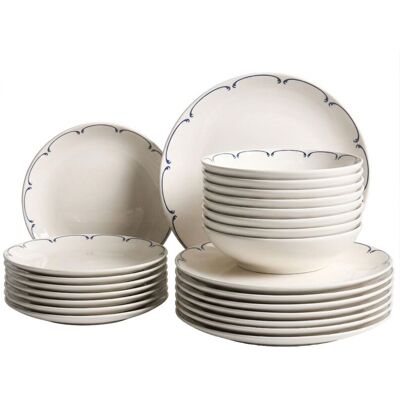 BELIANI Set of 24 Dinnerware White and Blue Decorative Edges Porcelain Transparent Glaze Finish Kitchen Dining Room CHAROLI BELIANI Set of 24 Dinnerware White and Blue Decorative Edges Porcelain Transparent Glaze Finish Kitchen Dining Room CHAROLI