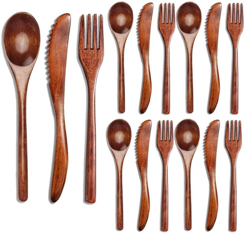 TLILY 15 Pcs Wooden Spoon Fork Knife Cutlery Set Dinner Utensil Kitchen Flatware Tableware