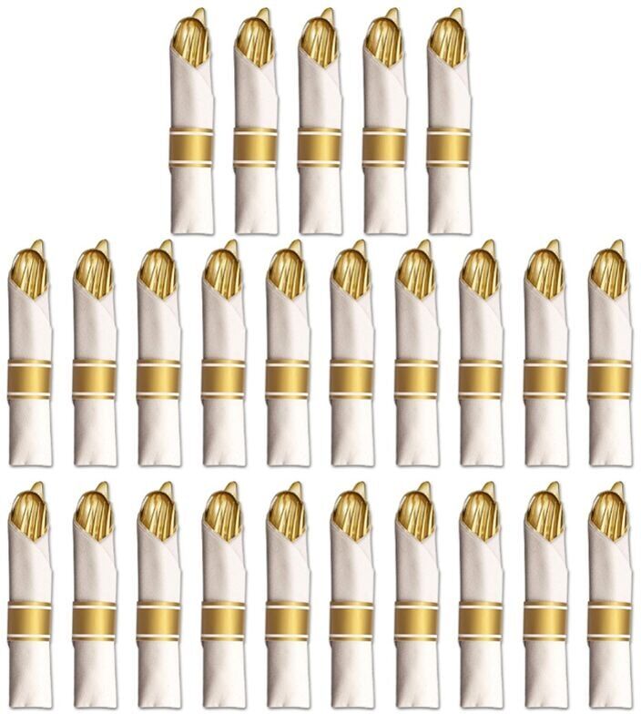 TLILY 25 Pre Rolled Gold Plastic Silverware - Wrapped Disposable Set with Forks, Knives, Spoons, White Napkins