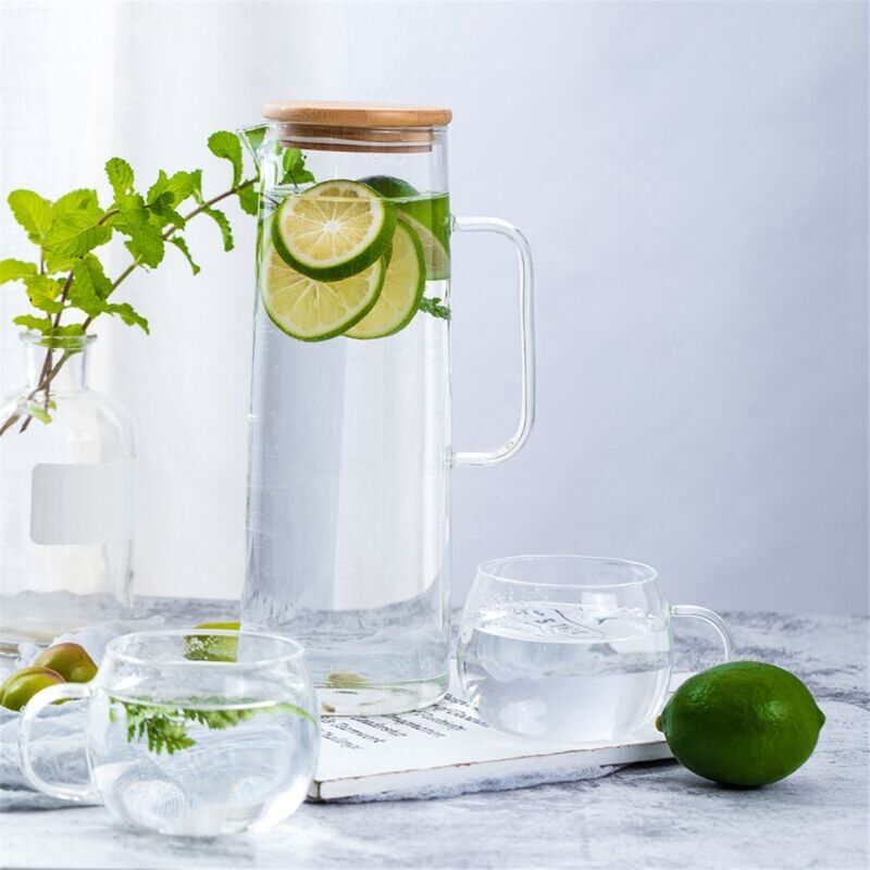 TLILY 2X 1.7L Glass Pitcher with Handle Bamboo Lid Heat Resistant Hot Cold Capacity Tea Juice