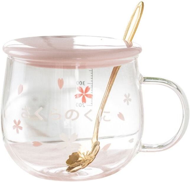 TLILY 400Ml Glass Coffee Mug Cute Transparent Heat-Resistant Water Cup with Handle Lid Spoon ,b