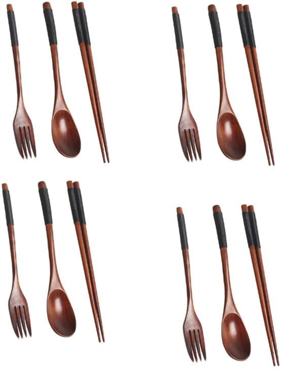 TLILY 4X Wooden Cutlery Set, Portable Wood Chopsticks Spoon Fork Tableware with Twist Black