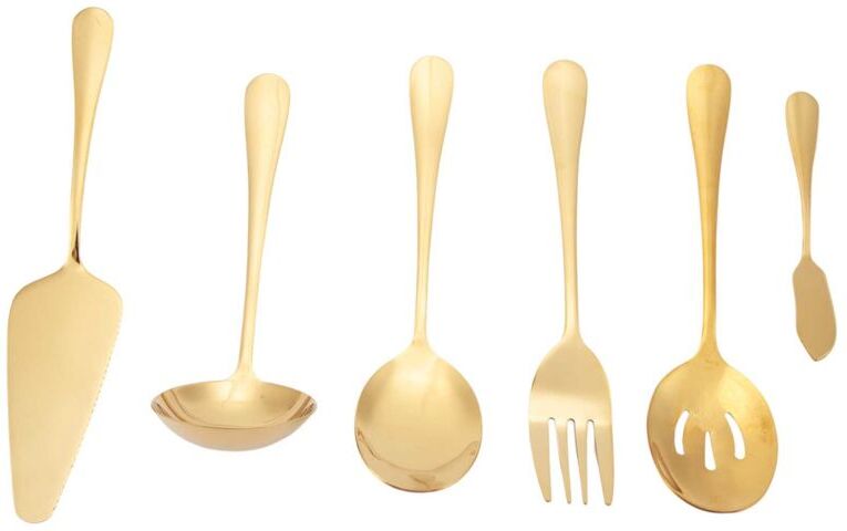 TLILY 6-Piece Serving Flatware Silverware Set, Utensil Set,Include Cake Server, Slotted Spoon Gold
