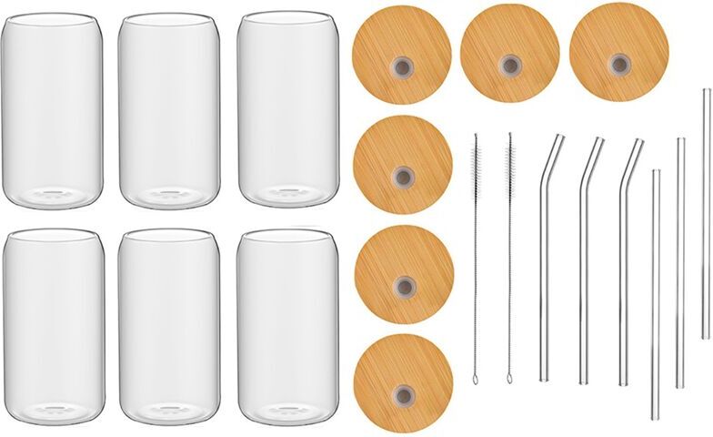 TLILY 6Pcs Set Drinking Glasses with 6 Bamboo Lids and 6 Glass Straws, 16Oz Can Shaped Glass Cup, Clear Iced Coffee Cup