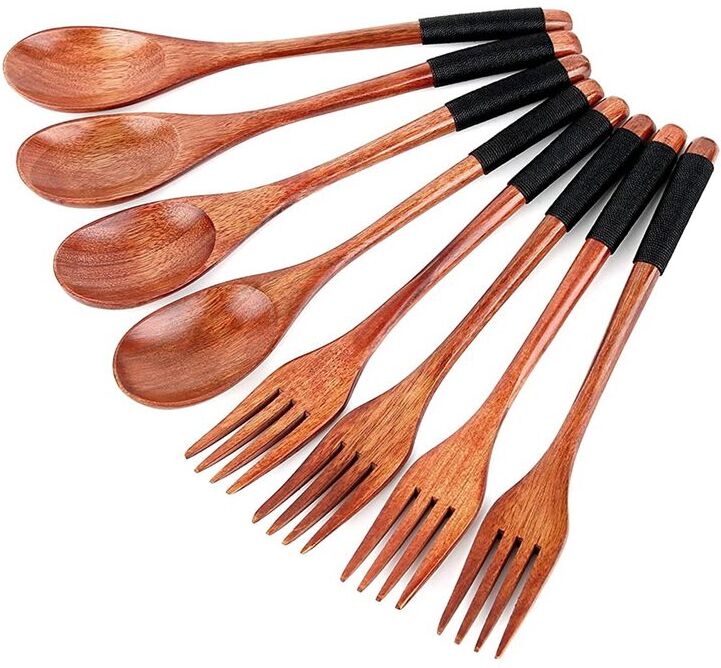 TLILY 8Pcs Wooden Spoons Forks Set, Japanese Style Utensil Handmade Kitchen Spoon, Reusable Travel Flatware Set a
