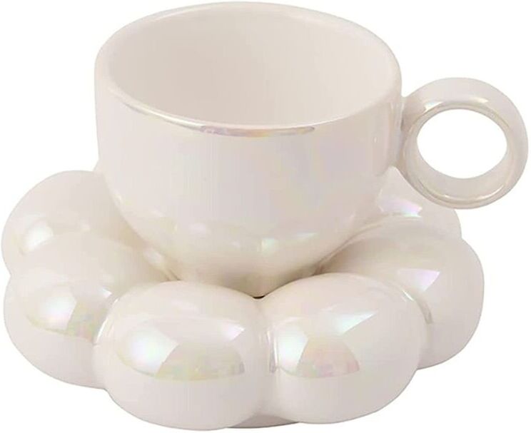 TLILY Flower Coffee Cup & Saucer Set Cute Mug Ceramic with Sunflower Latte Cups 6.7Oz White