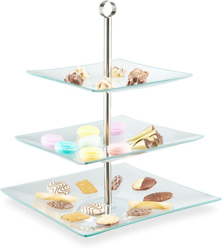 Relaxdays - tagère, 3-Tier, Square, Cupcakes & Snacks, Afternoon Tea, Serving Stand, Glass, Stainless Steel, Silver/Clear