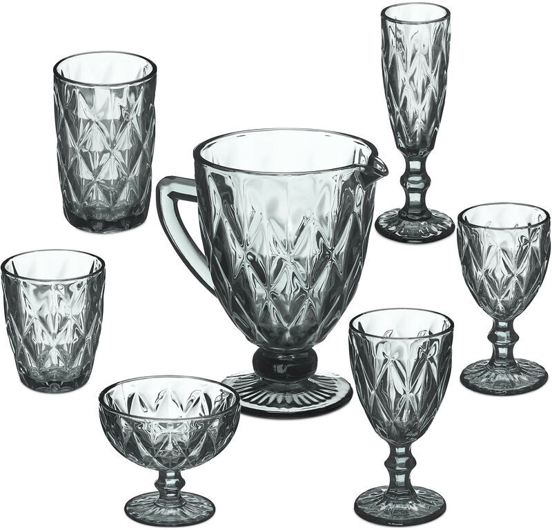 Relaxdays - assorted glass set, 7pieces, pitcher, sundae dish, 1 flute, 2 wine glasses, 1 tall glass & 1 tumbler, grey